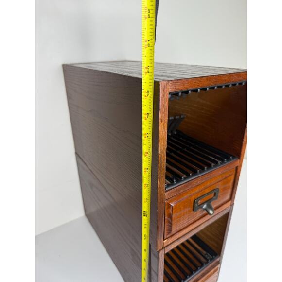 Vintage Library Card Catalog Pair Set Lot Of 2, Stackable Wood Brass Cabinet - Picture 7 of 10